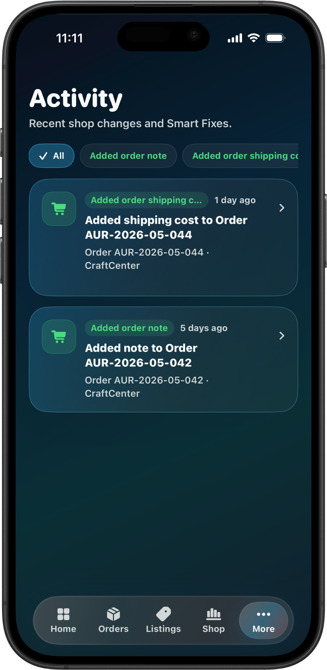 CraftCenter Activity screen showing recent shop updates and seller feedback.