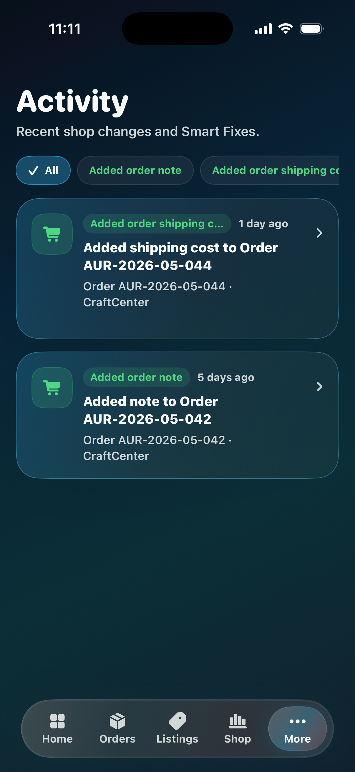 CraftCenter Activity screen showing recent shop updates and seller context.