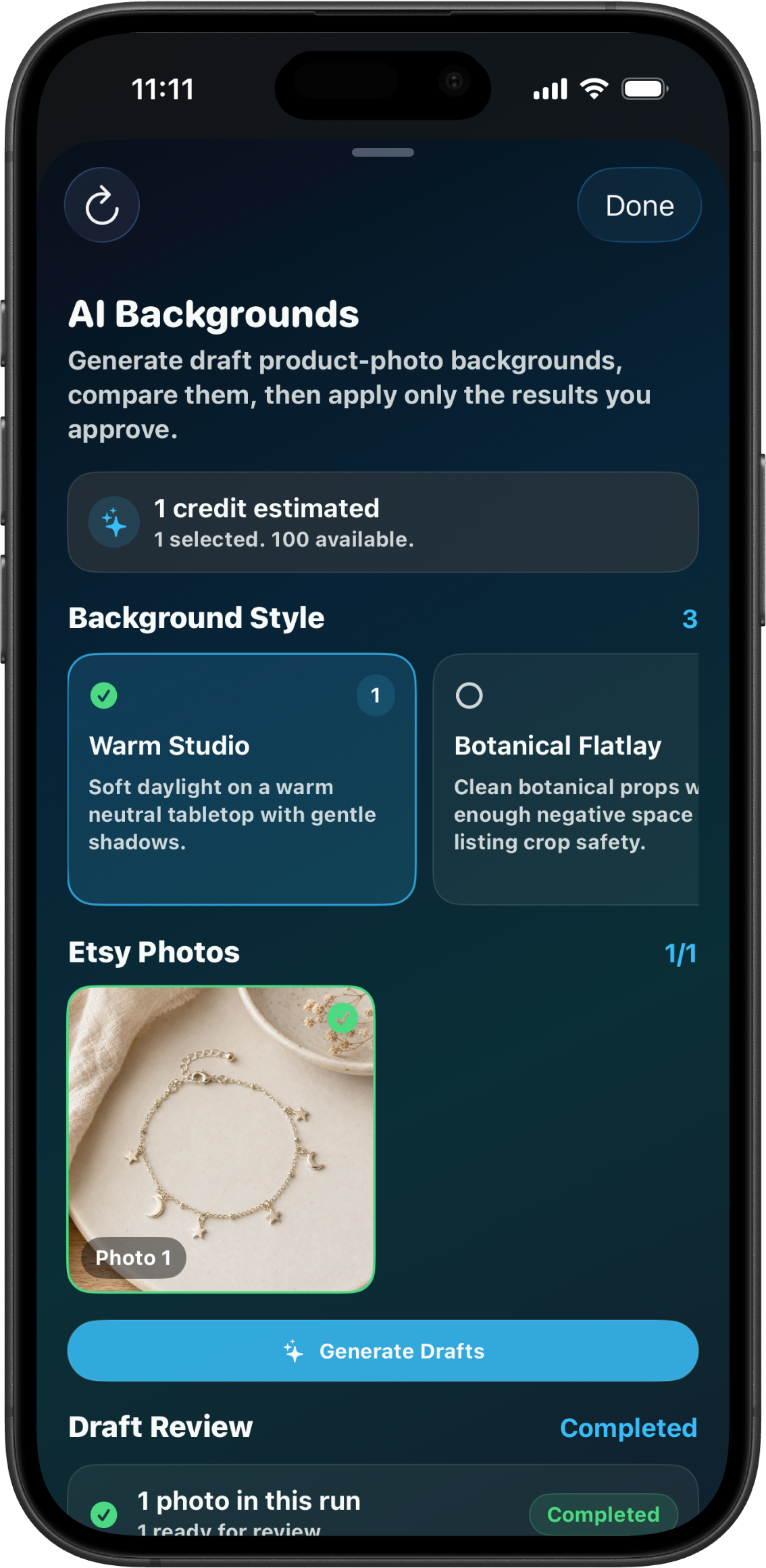 CraftCenter AI Backgrounds sheet opened from the Starlight Charm Bracelet listing editor.