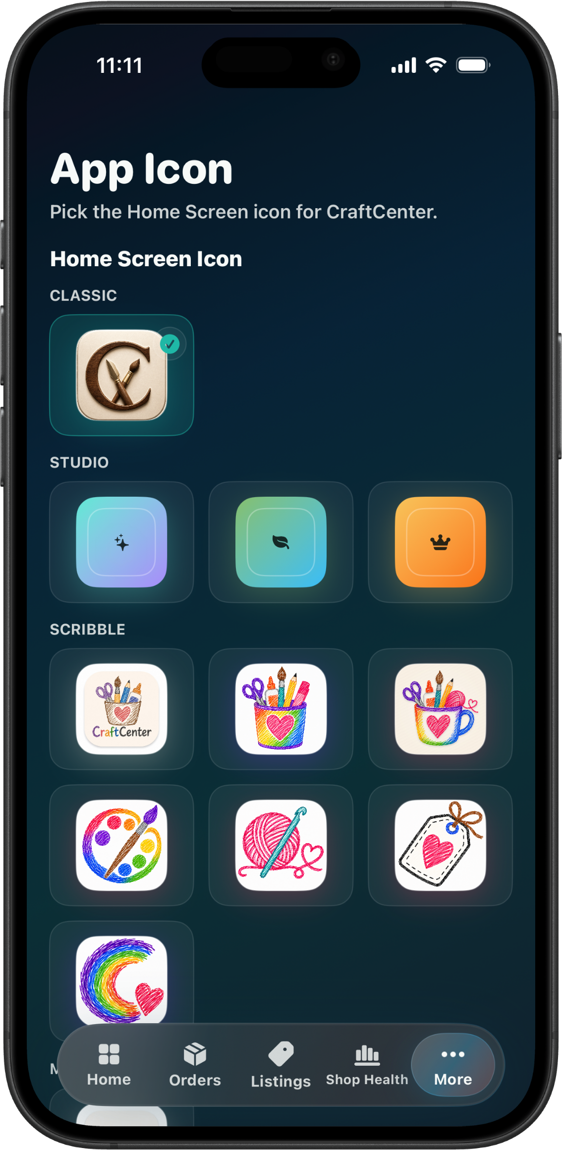 CraftCenter Custom App Icons screen showing Home Screen icon choices.