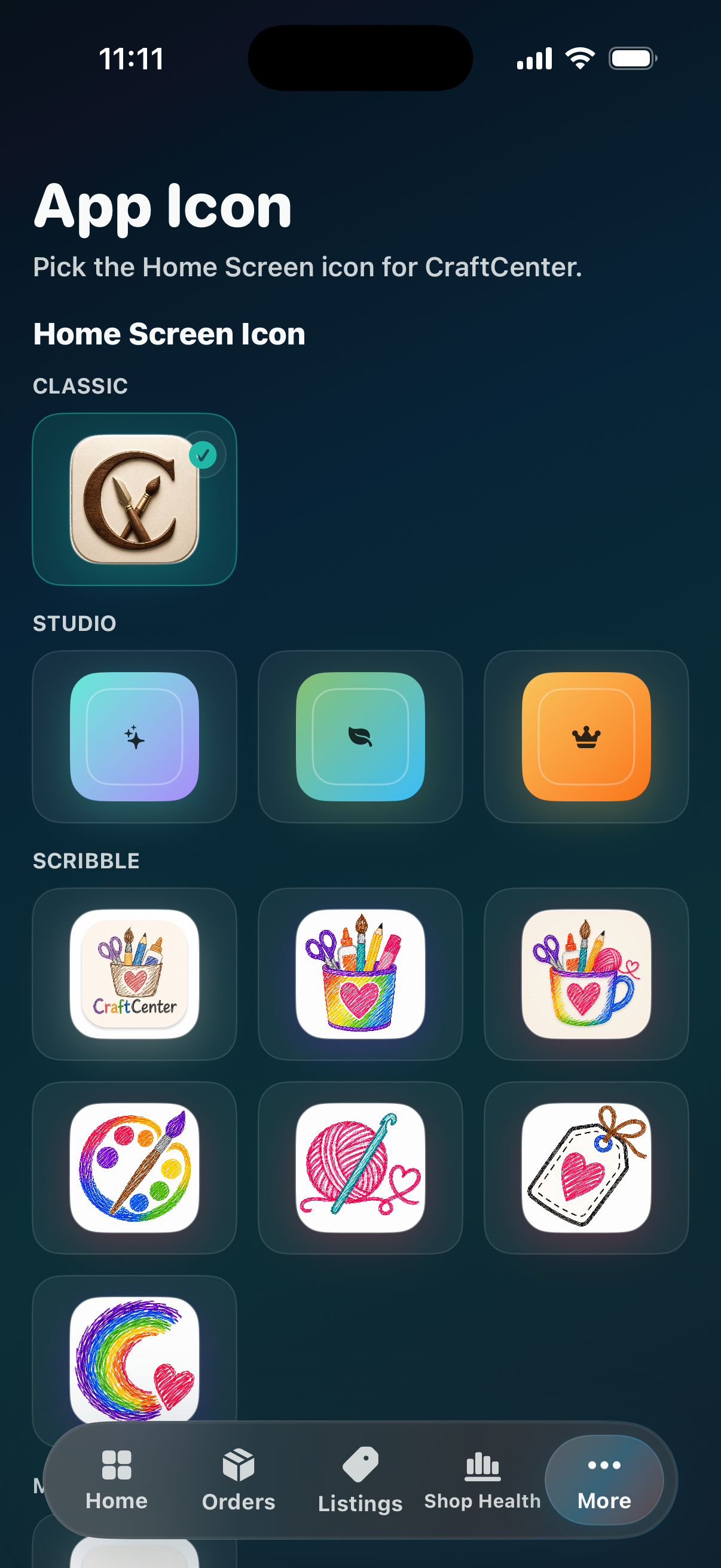 CraftCenter Custom App Icons screen showing Home Screen icon choices.