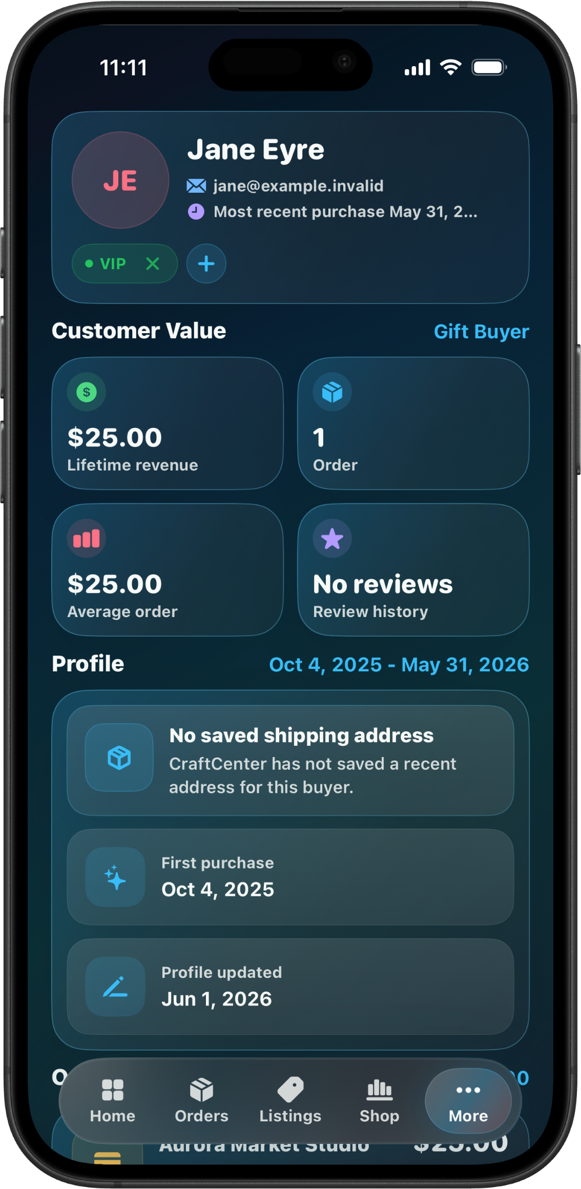 CraftCenter customer detail screen for Jane Eyre with repeat-buyer history and saved notes.
