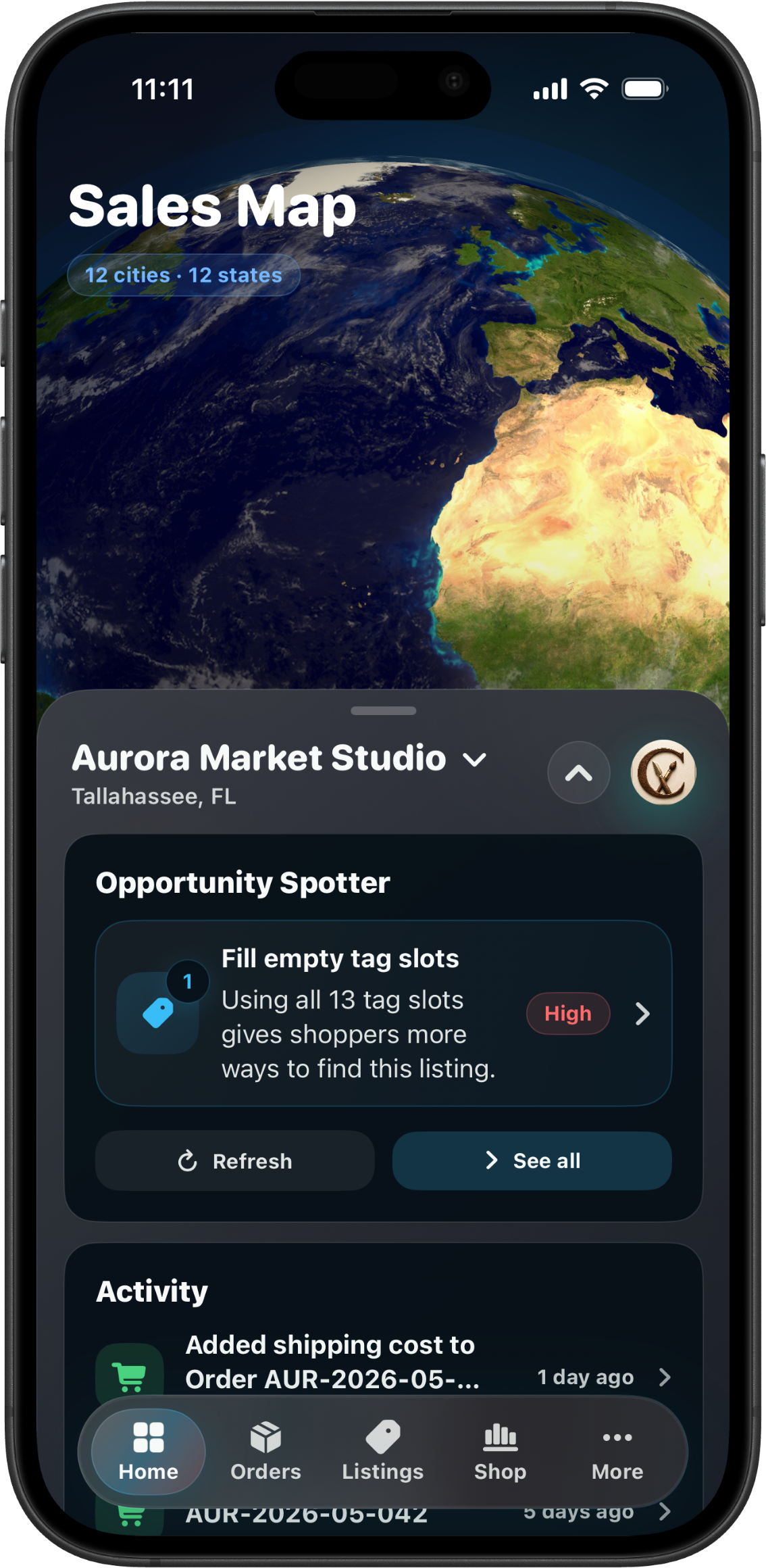 CraftCenter Home screen showing Places Reached and the Aurora Market Studio demo shop.