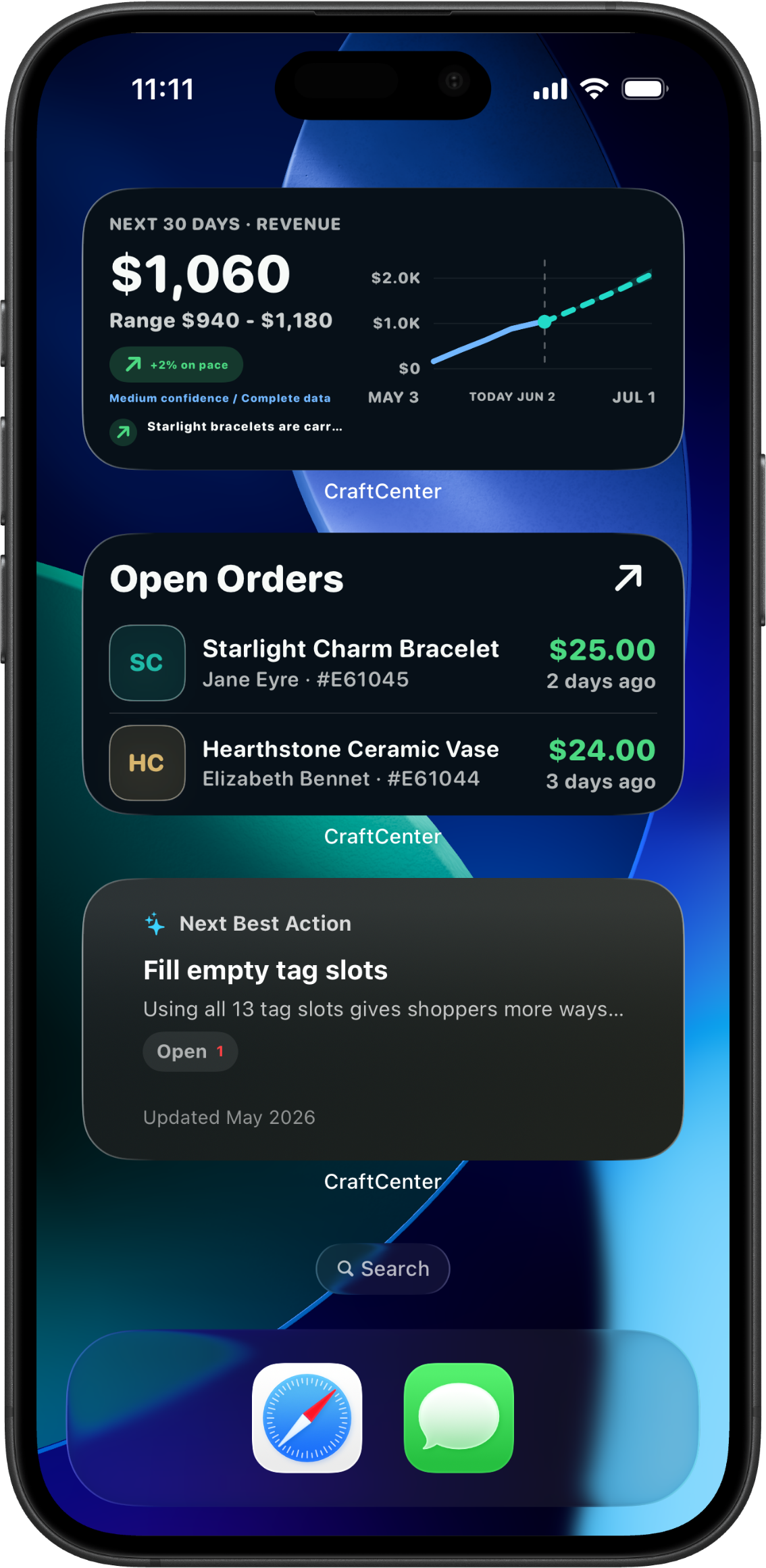 iOS Home Screen with CraftCenter widgets showing Aurora forecast, open orders, and next best action.