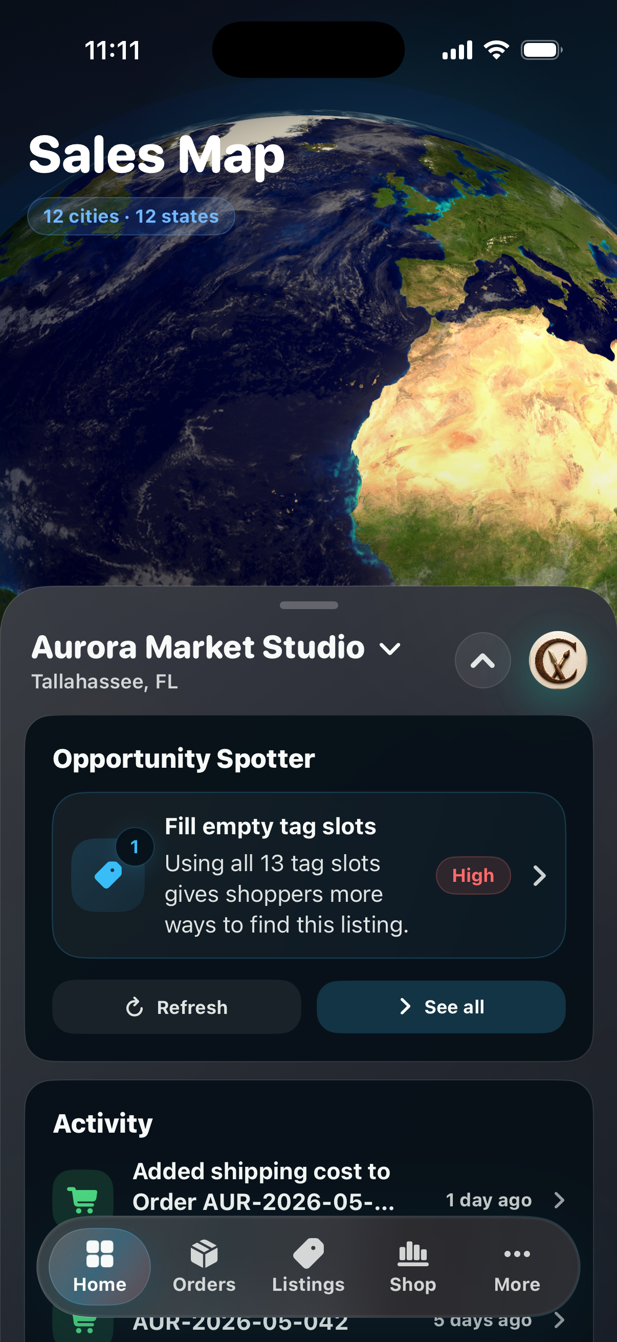 CraftCenter Home screen showing Places Reached and the Aurora Market Studio demo shop.
