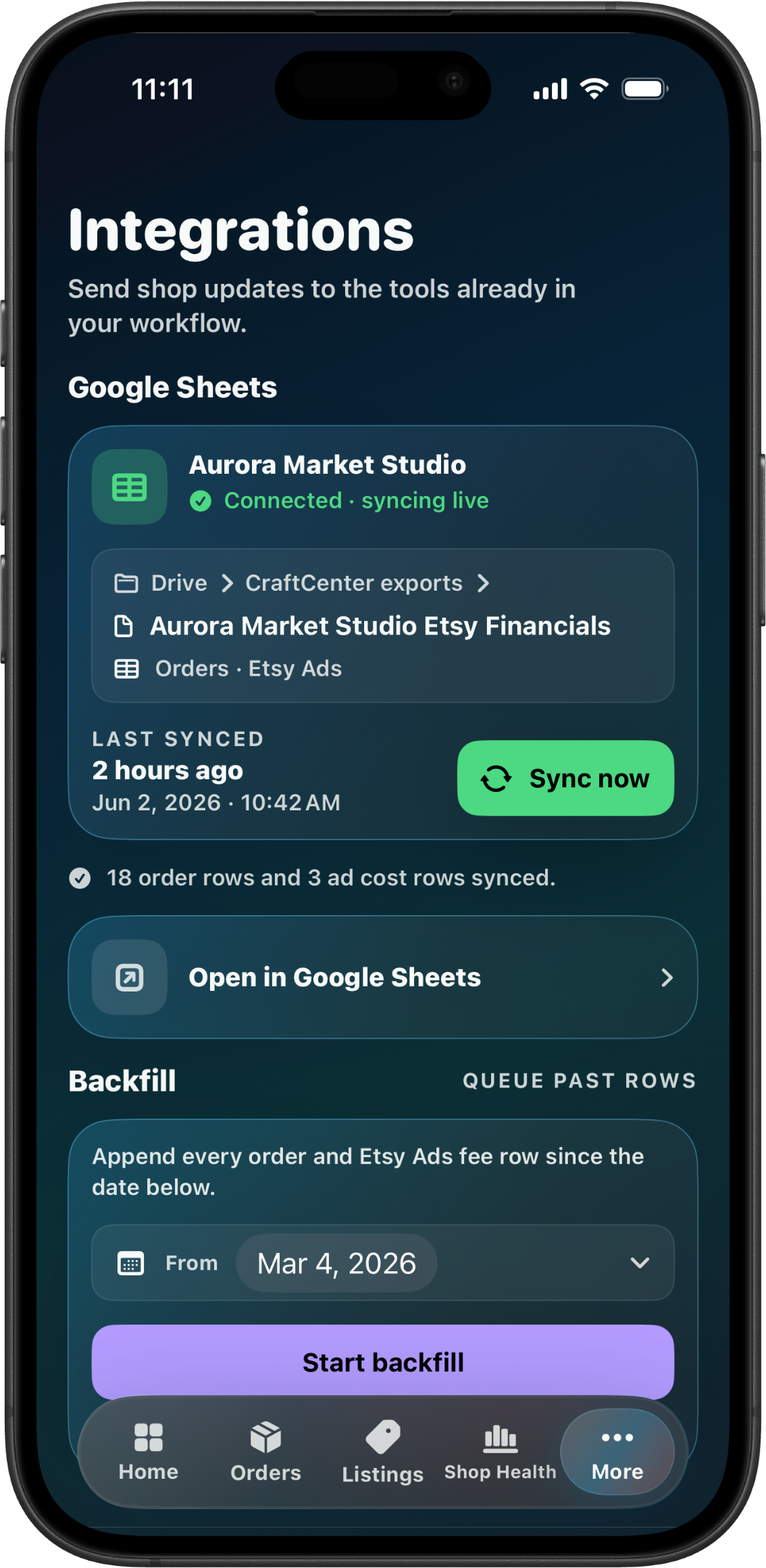 CraftCenter Integrations screen showing Google Sheets and Slack shop integrations.