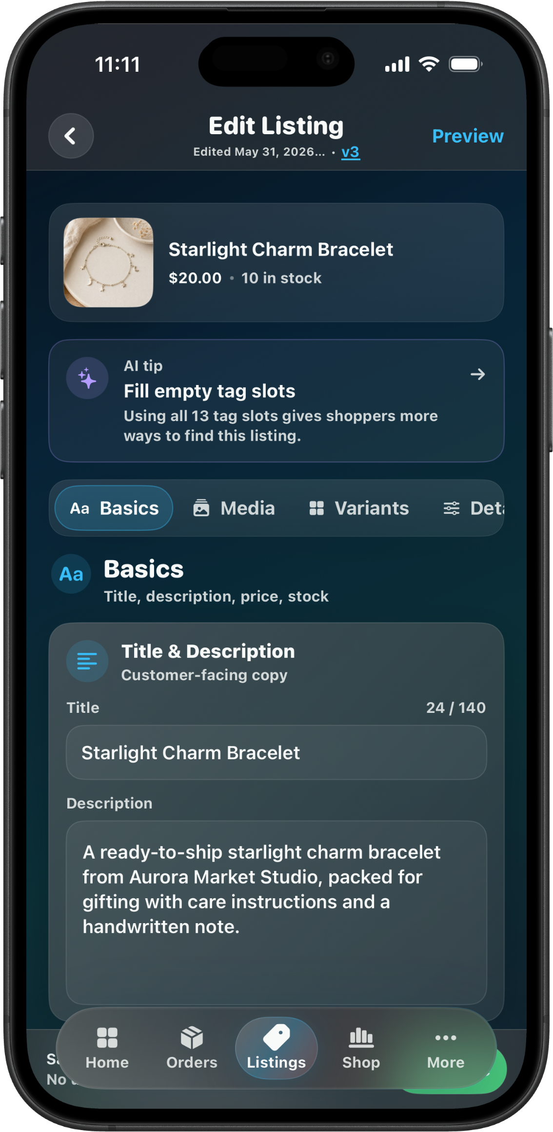CraftCenter Edit Listing sheet for Starlight Charm Bracelet with editable listing fields visible.