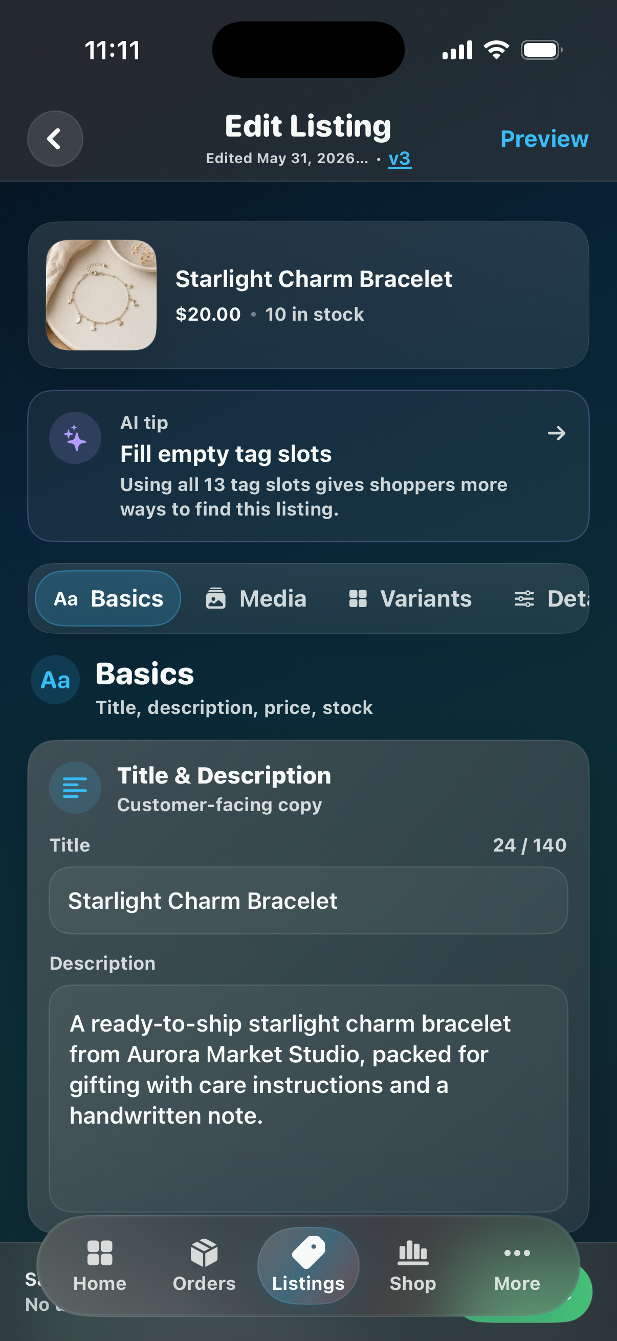 CraftCenter Edit Listing sheet for Starlight Charm Bracelet with editable listing fields visible.