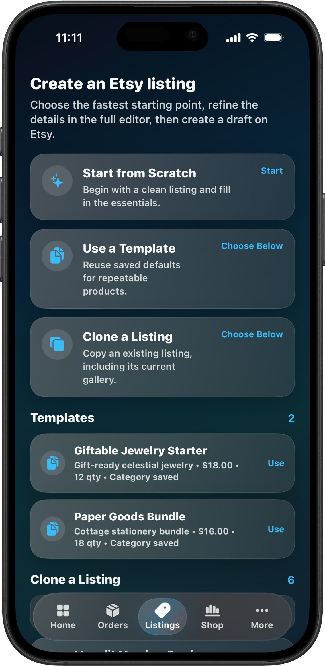 CraftCenter listing templates screen showing reusable templates for Aurora Market Studio products.