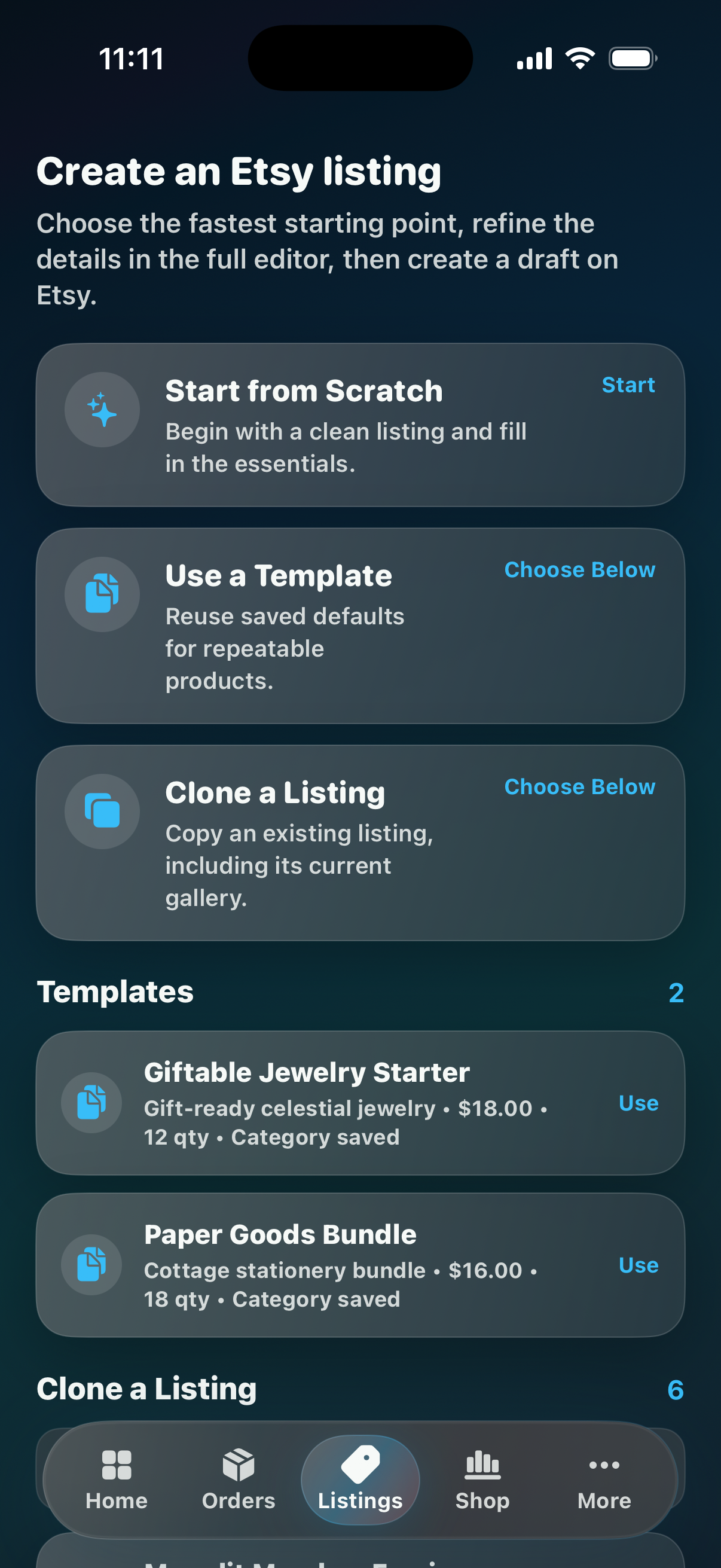 CraftCenter listing templates screen showing reusable seeded templates for Aurora Market Studio products.