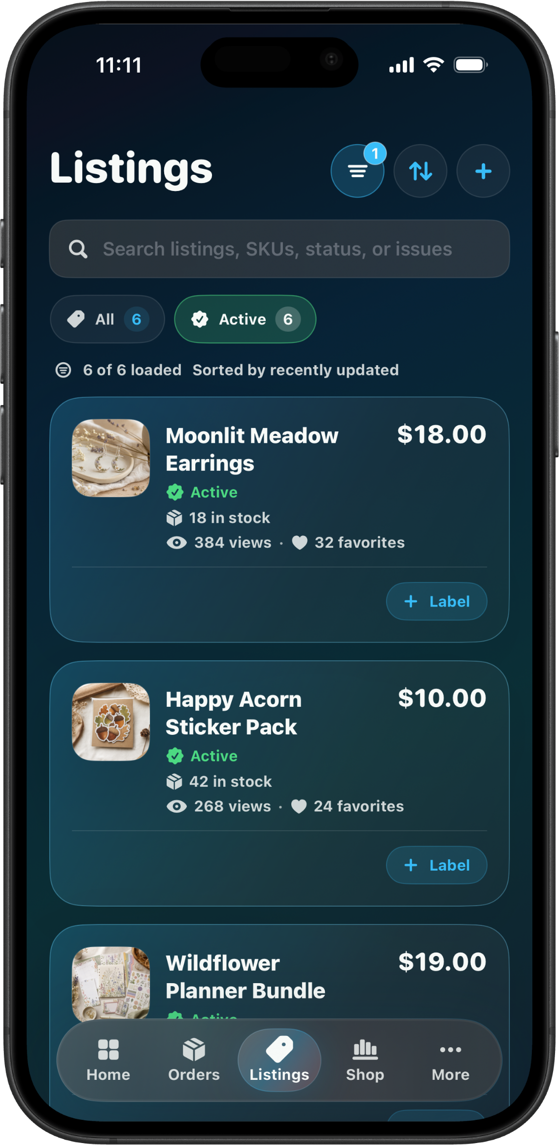 CraftCenter listings screen with active products, inventory, views, and favorites.