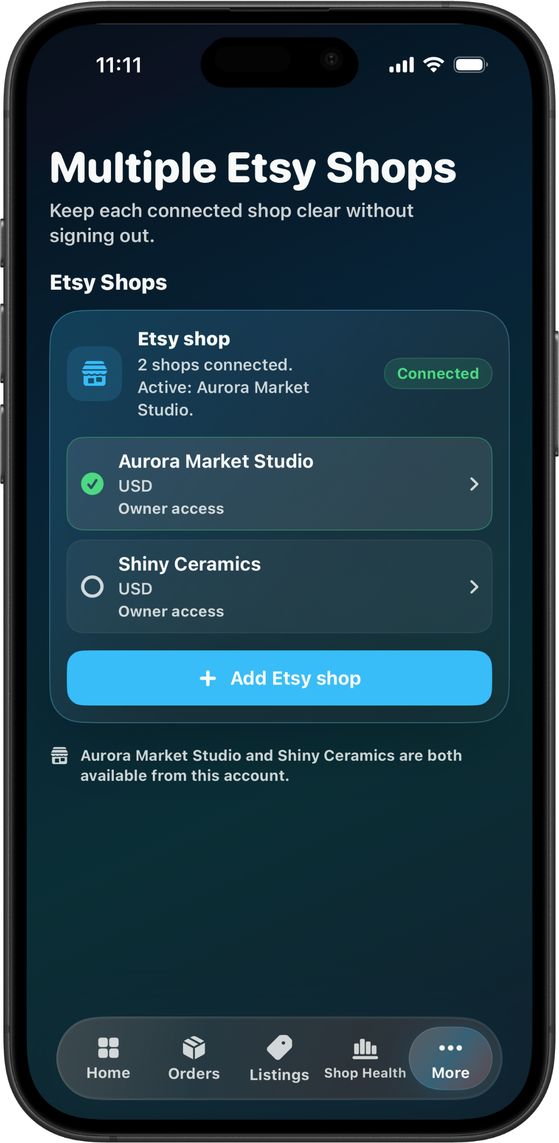 CraftCenter Multiple Etsy Shops screen showing Aurora Market Studio and Shiny Ceramics connected in one account.