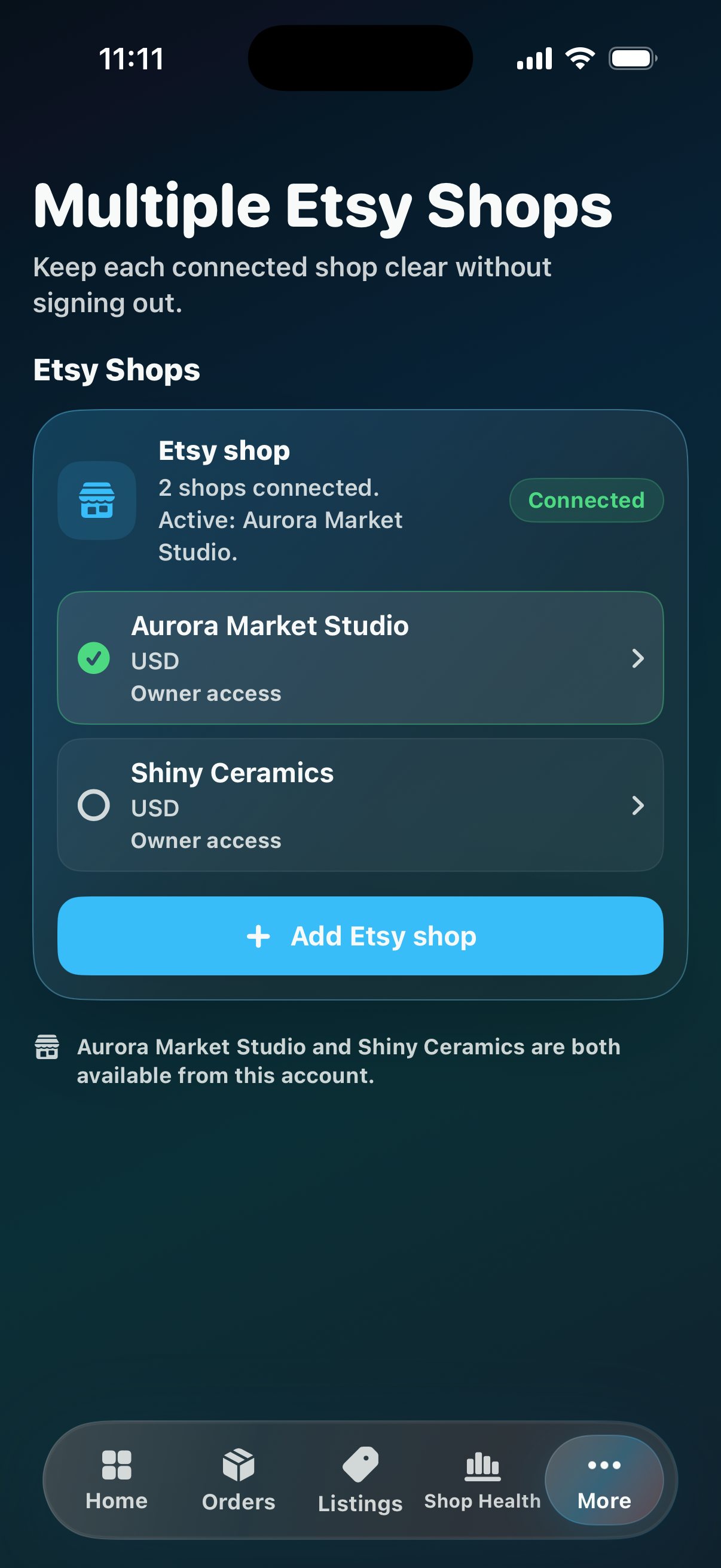 CraftCenter Multiple Etsy Shops screen showing Aurora Market Studio and Shiny Ceramics connected in one account.