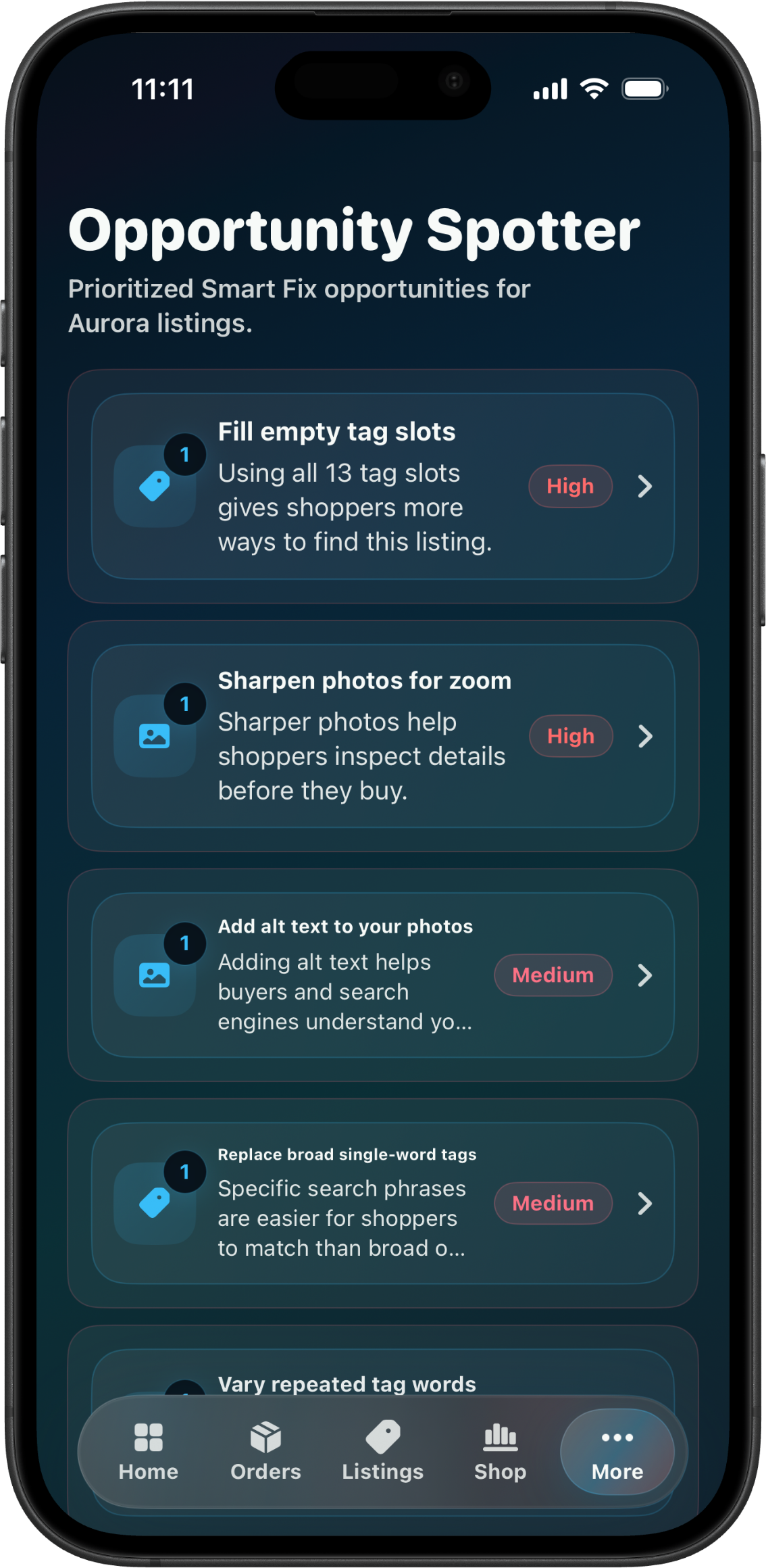 CraftCenter Opportunity Spotter screen showing listing issues that need attention.