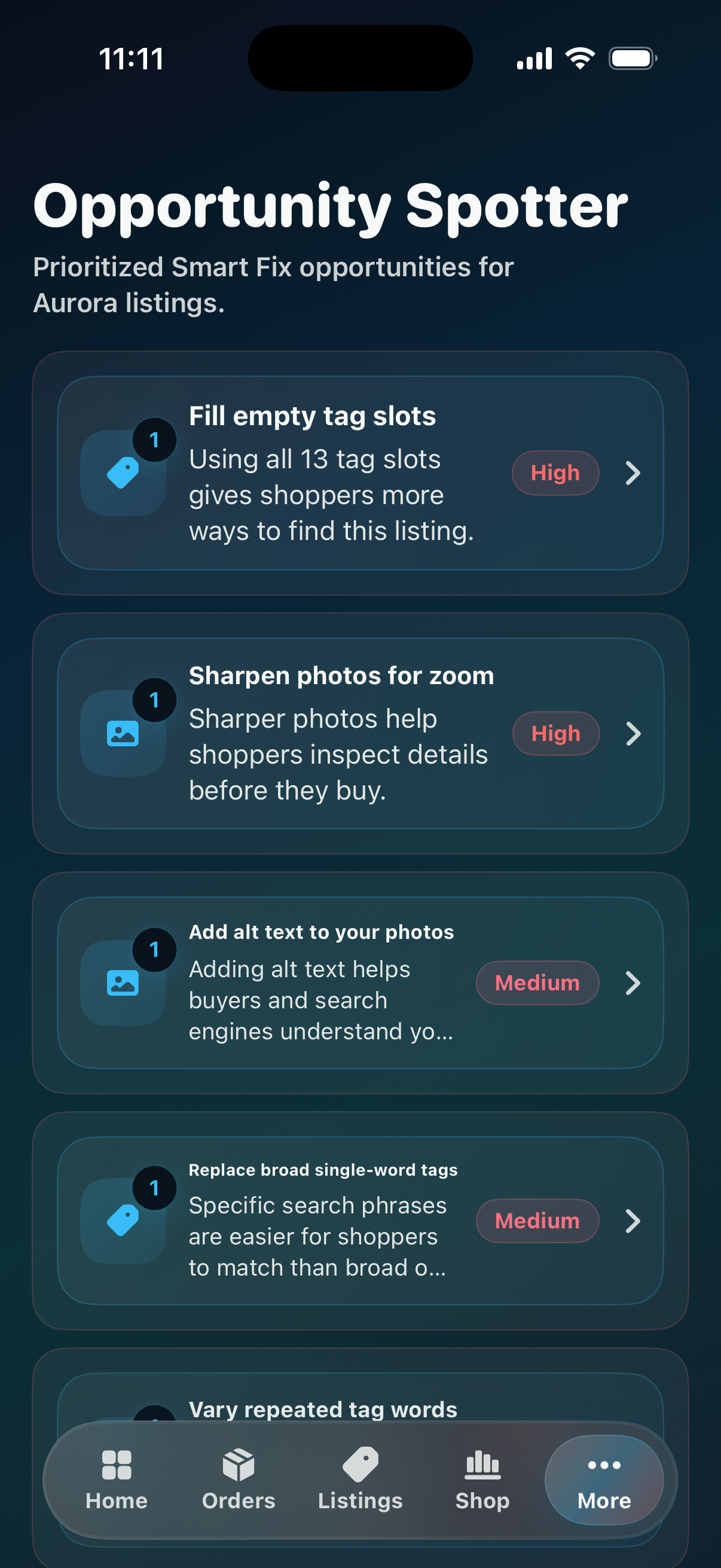 CraftCenter Opportunity Spotter screen showing listing issues that need attention.