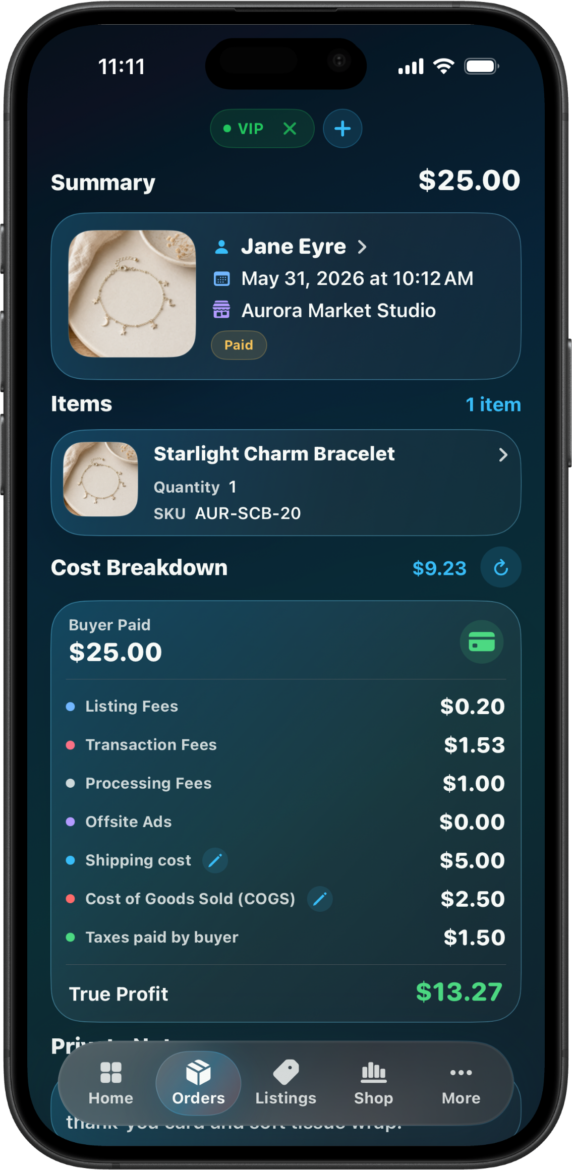 CraftCenter order history and notes screen showing VIP label and a populated cost breakdown.