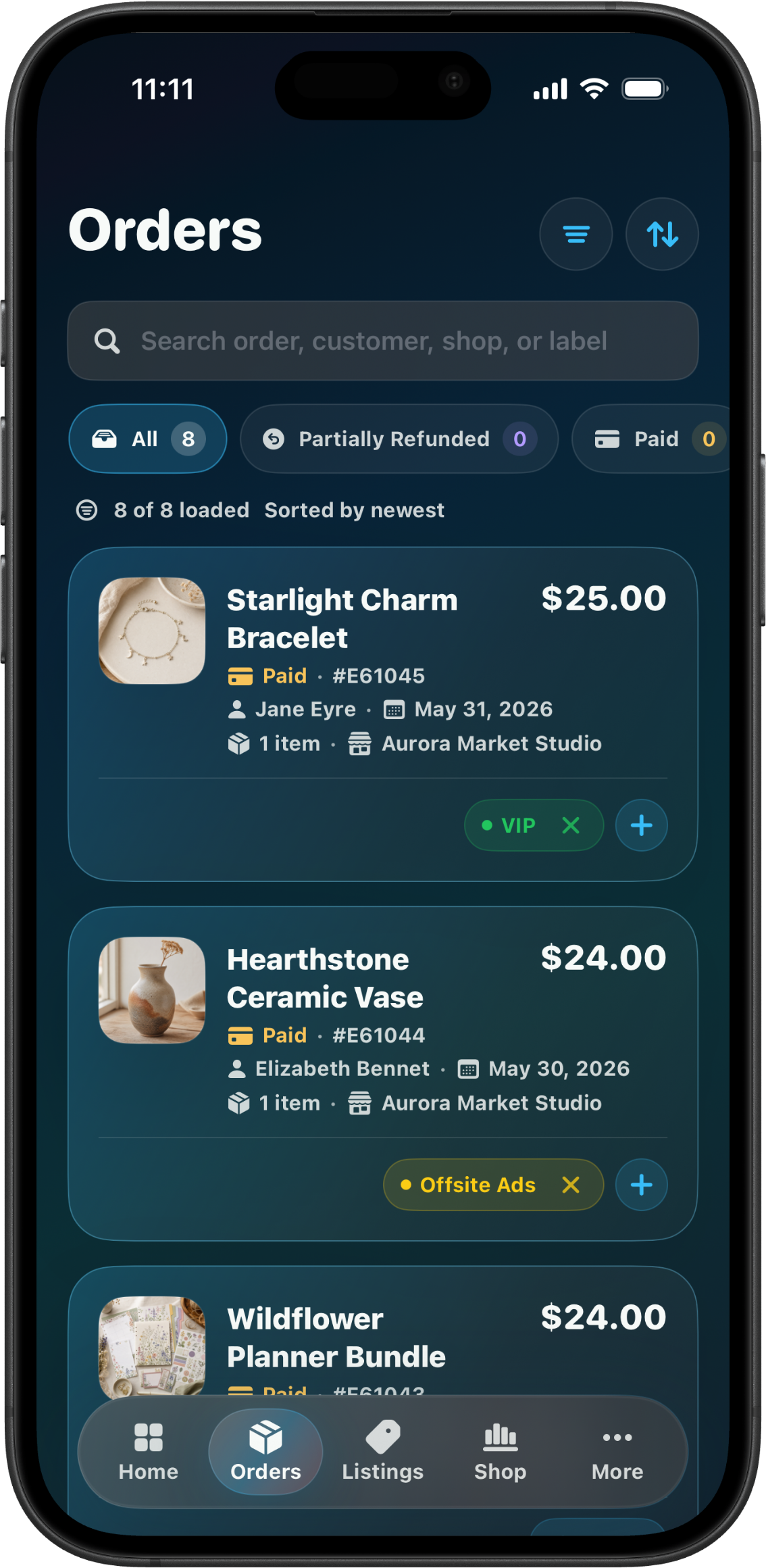 CraftCenter orders screen with fictional demo buyer data.