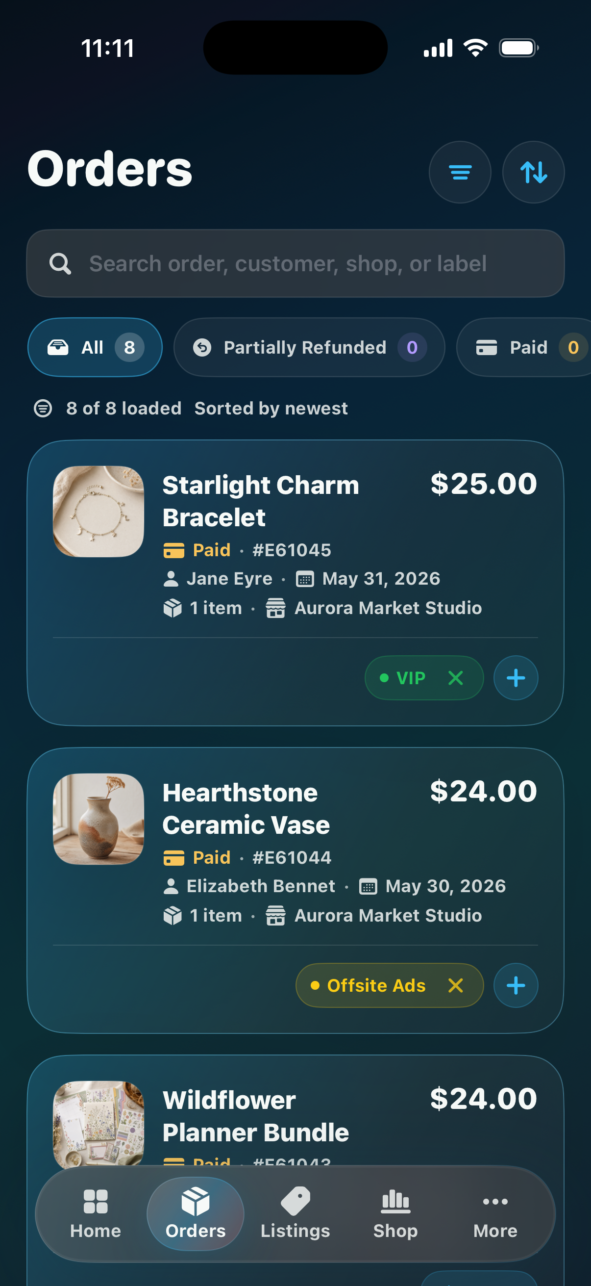 CraftCenter orders screen with fictional demo buyer data.