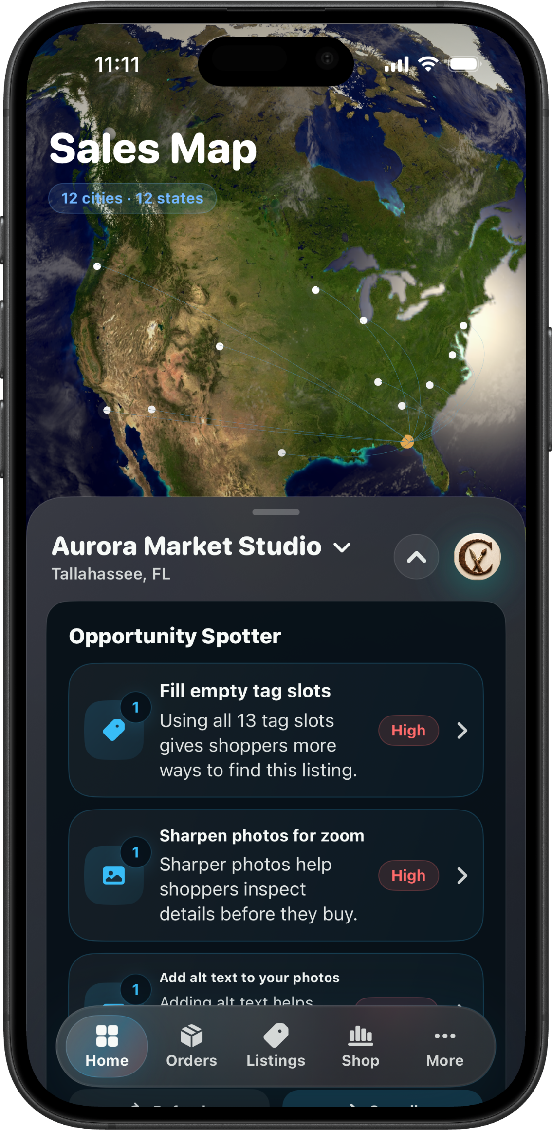 CraftCenter Sales Map screen framed in an iPhone device showing Aurora Market Studio orders across 12 continental US cities.