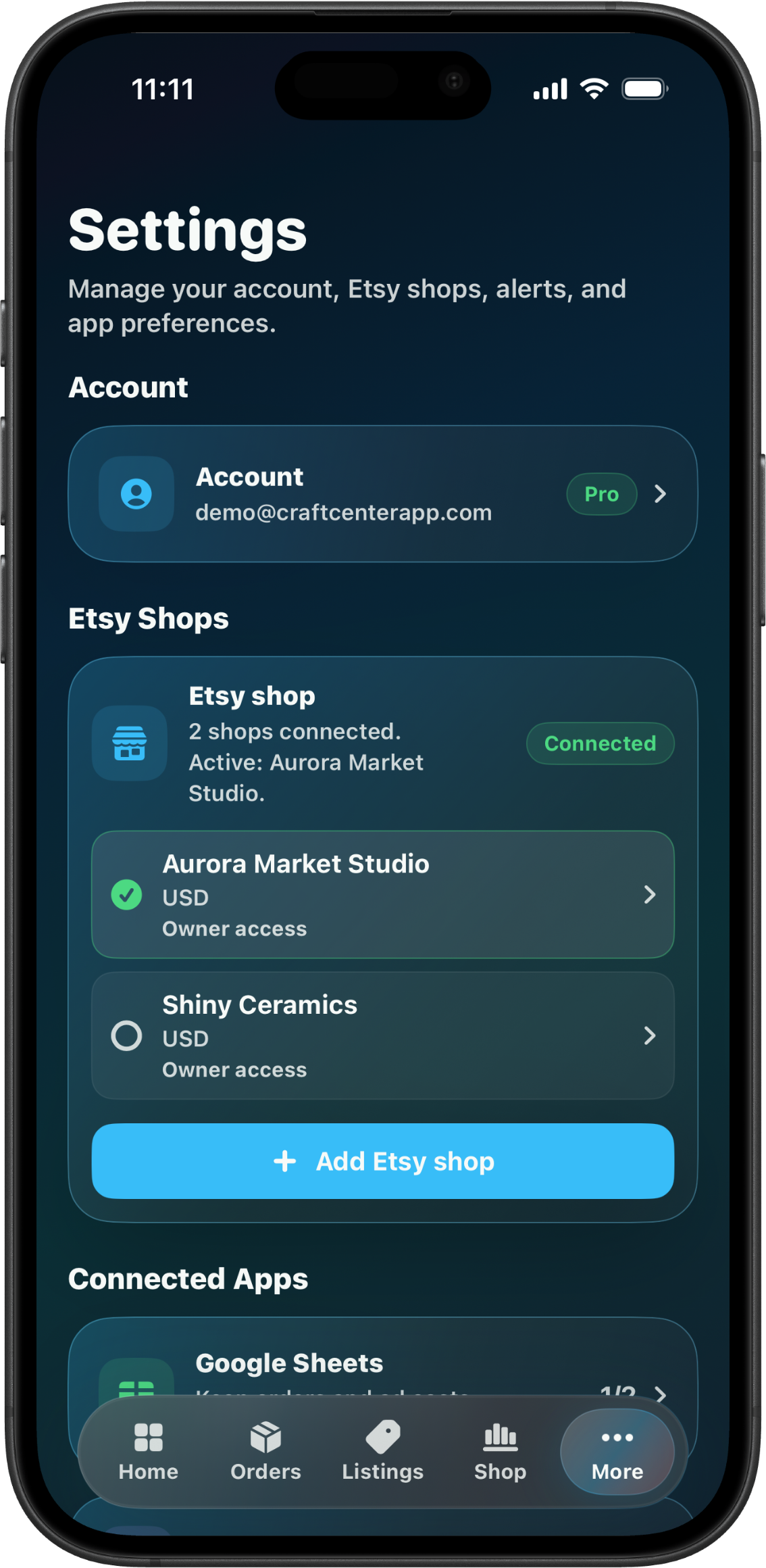 CraftCenter Settings screen with account, Etsy shop, and support controls.