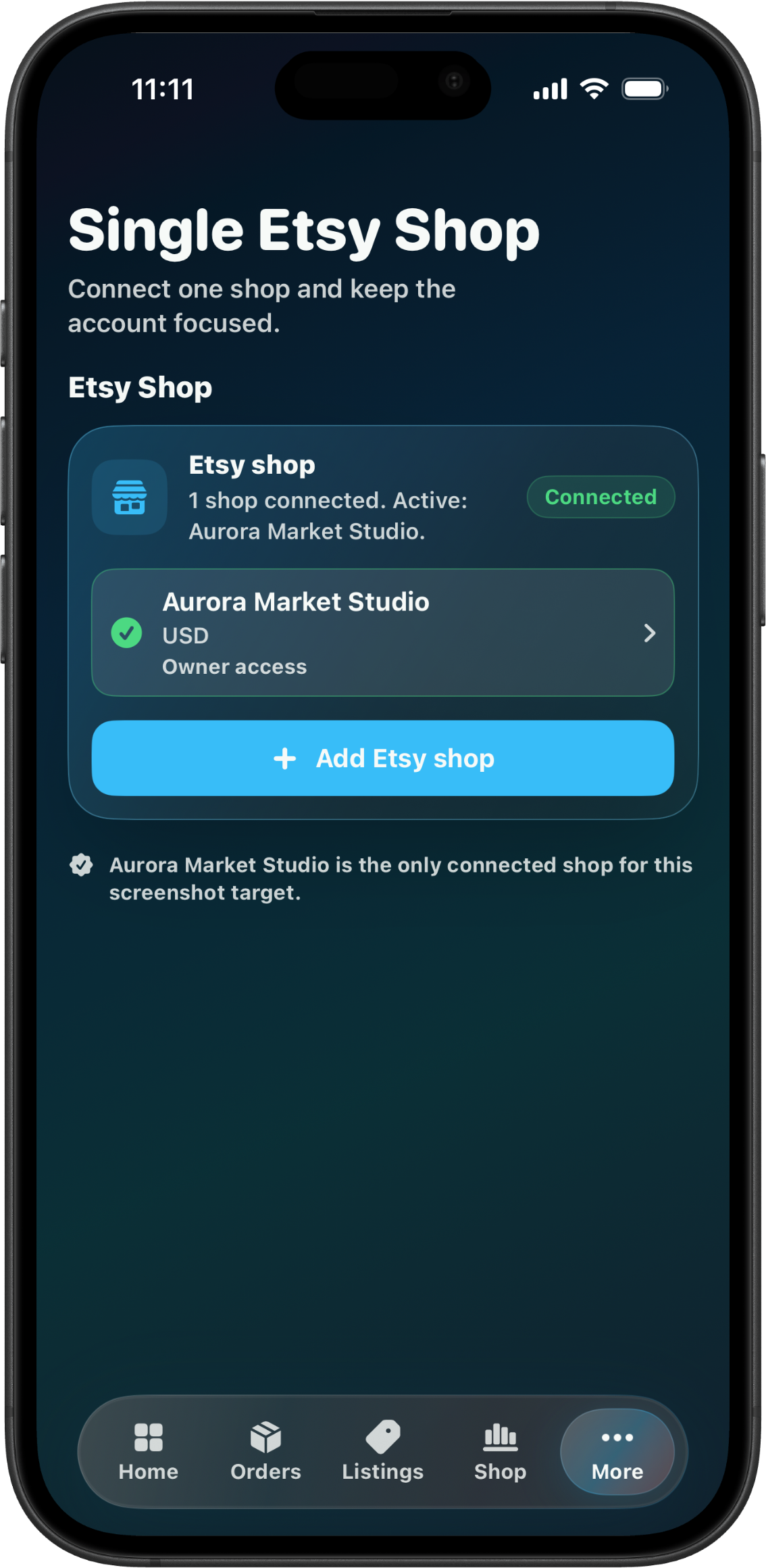 CraftCenter shop settings showing Aurora Market Studio connected as the Etsy shop.
