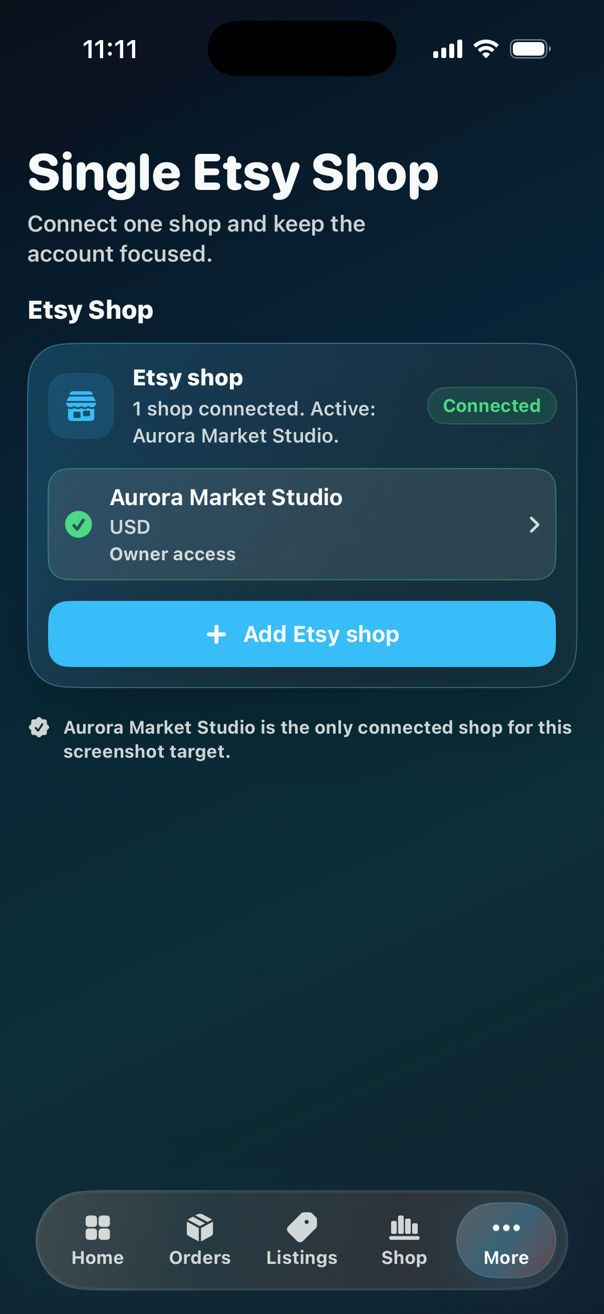CraftCenter shop settings showing Aurora Market Studio connected as the Etsy shop.