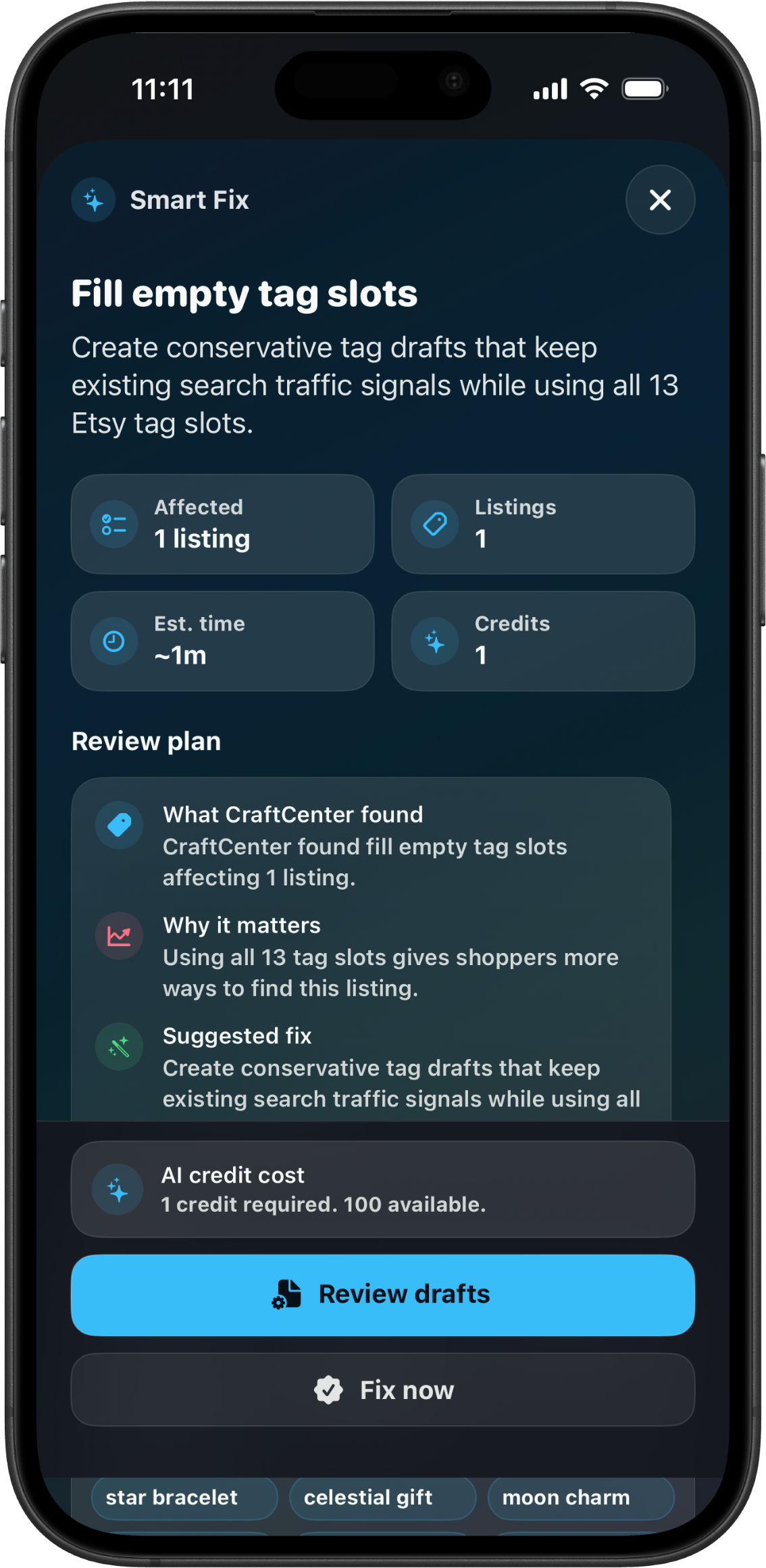 CraftCenter Smart Fix review screen with a suggested listing update.