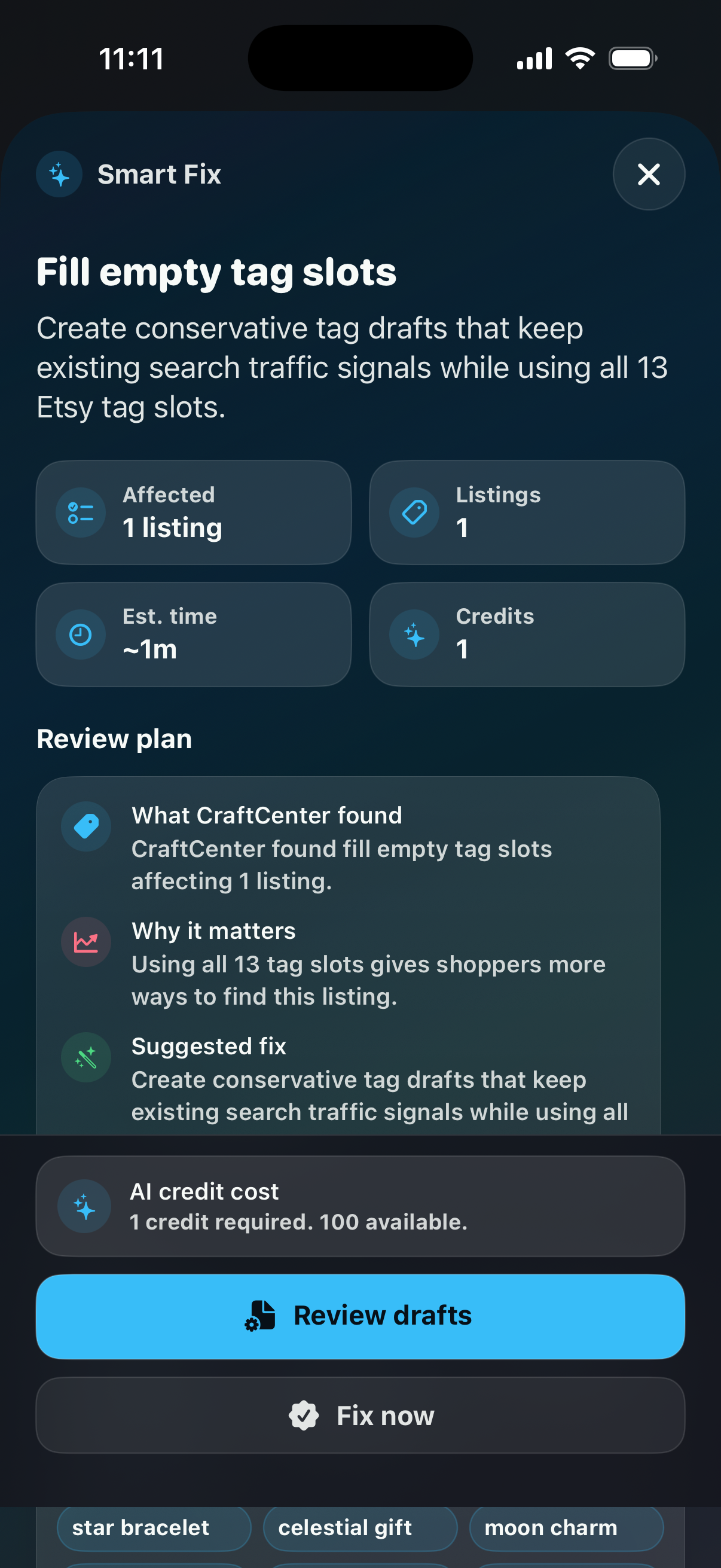 CraftCenter Smart Fix dialog showing a seller-reviewed listing improvement with 100 AI credits available.