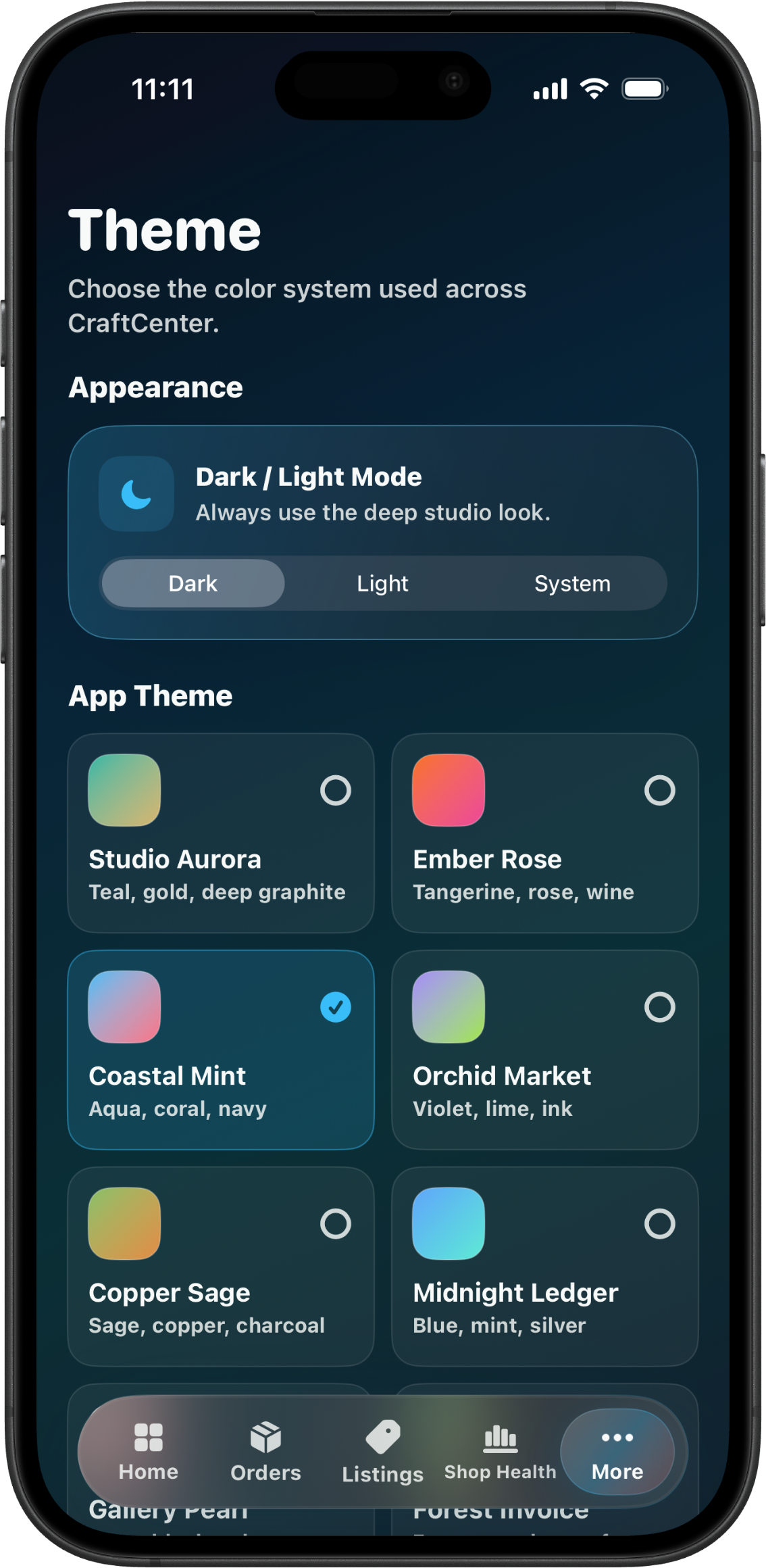 CraftCenter Theme Support screen showing app appearance and theme controls.