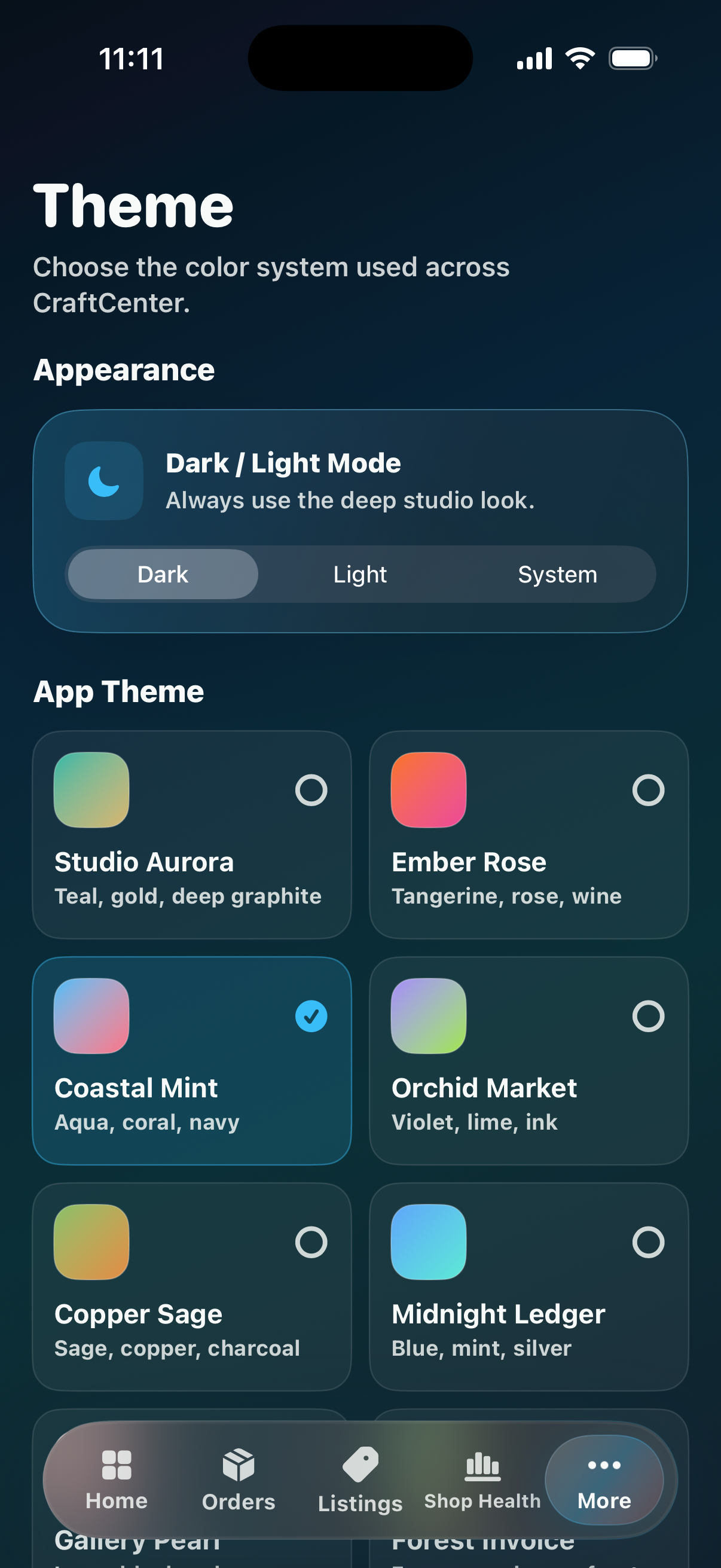 CraftCenter Theme Support screen showing app appearance and theme controls.