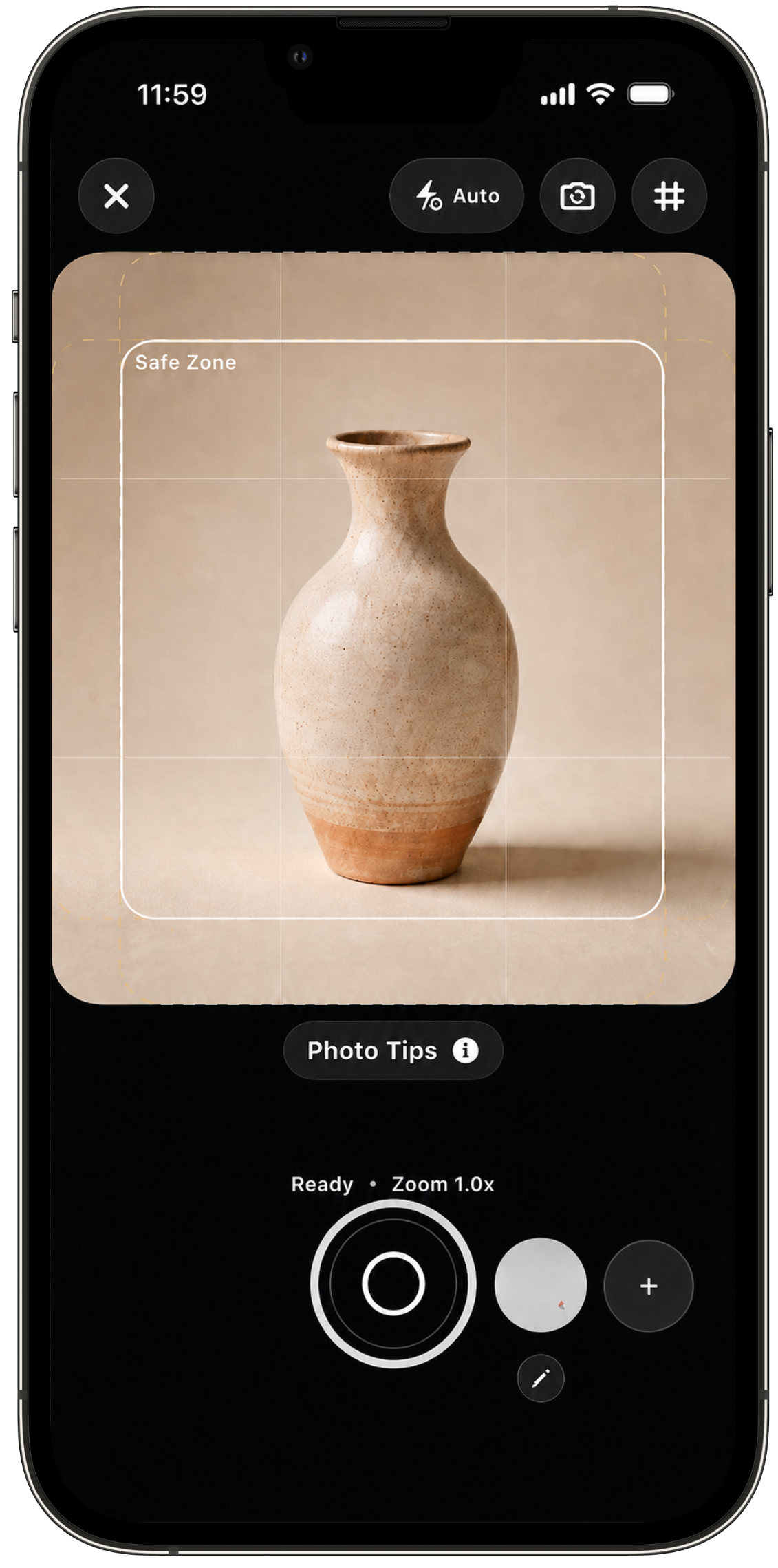 CraftCenter Smart Camera Safe Crop Guide showing product-photo framing before capture.