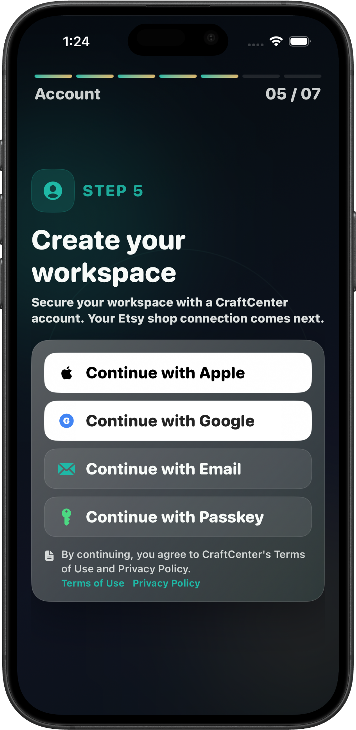 CraftCenter account setup screen for joining the launch list and preparing app access.